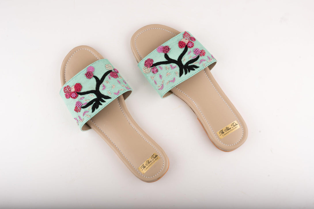 Women's Aqua Tree Flats With Embroidery - The Shoe Tales - Indiakreations