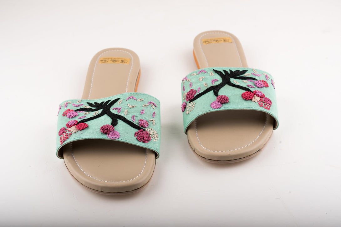 Women's Aqua Tree Flats With Embroidery - The Shoe Tales - Indiakreations