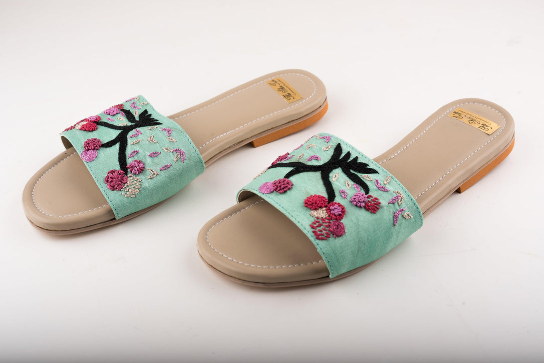 Women's Aqua Tree Flats With Embroidery - The Shoe Tales - Indiakreations