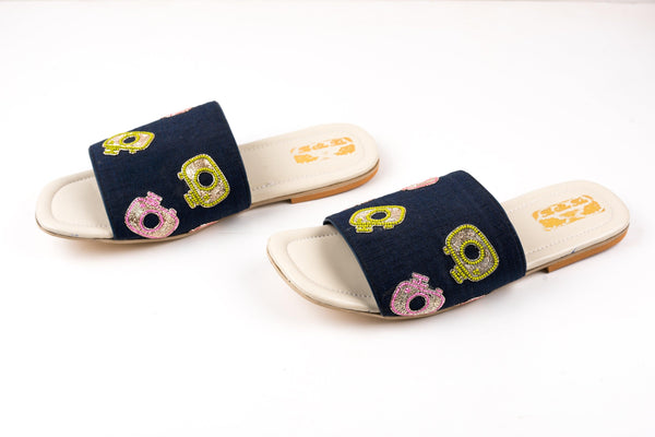 Women's Camera Embroidered Navy Blue Slip Ons - The Shoe Tales - Indiakreations