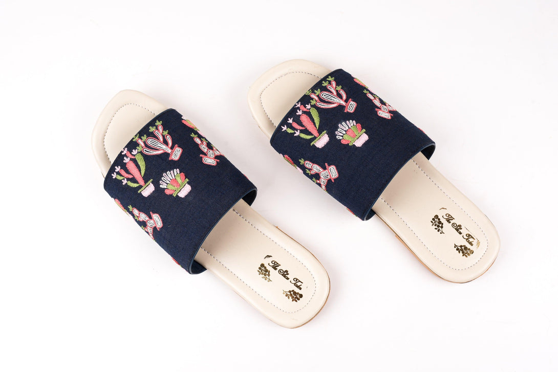 Women's Cactus Embroidered Navy Blue Slip Ons - The Shoe Tales - Indiakreations