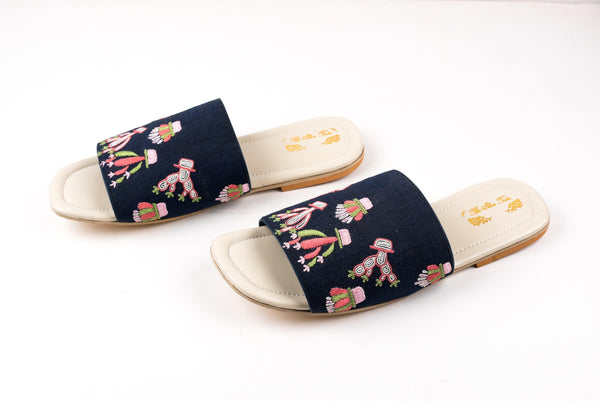 Women's Cactus Embroidered Navy Blue Slip Ons - The Shoe Tales - Indiakreations