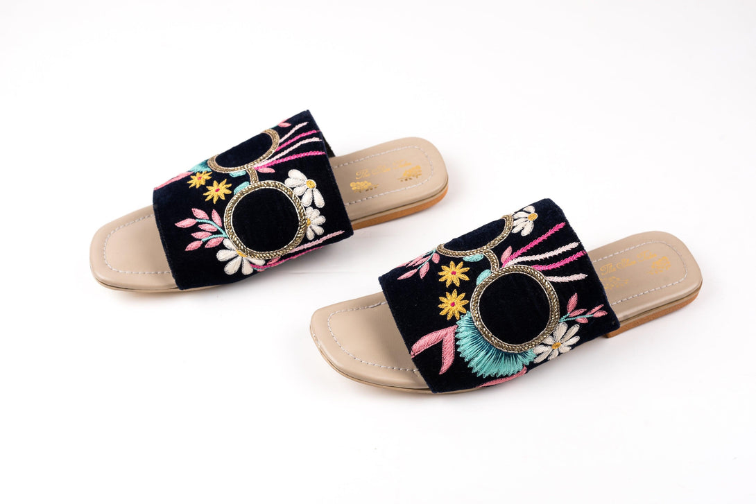 Women's Navy Blue Velvet Embroidered Slip Ons - The Shoe Tales - Indiakreations