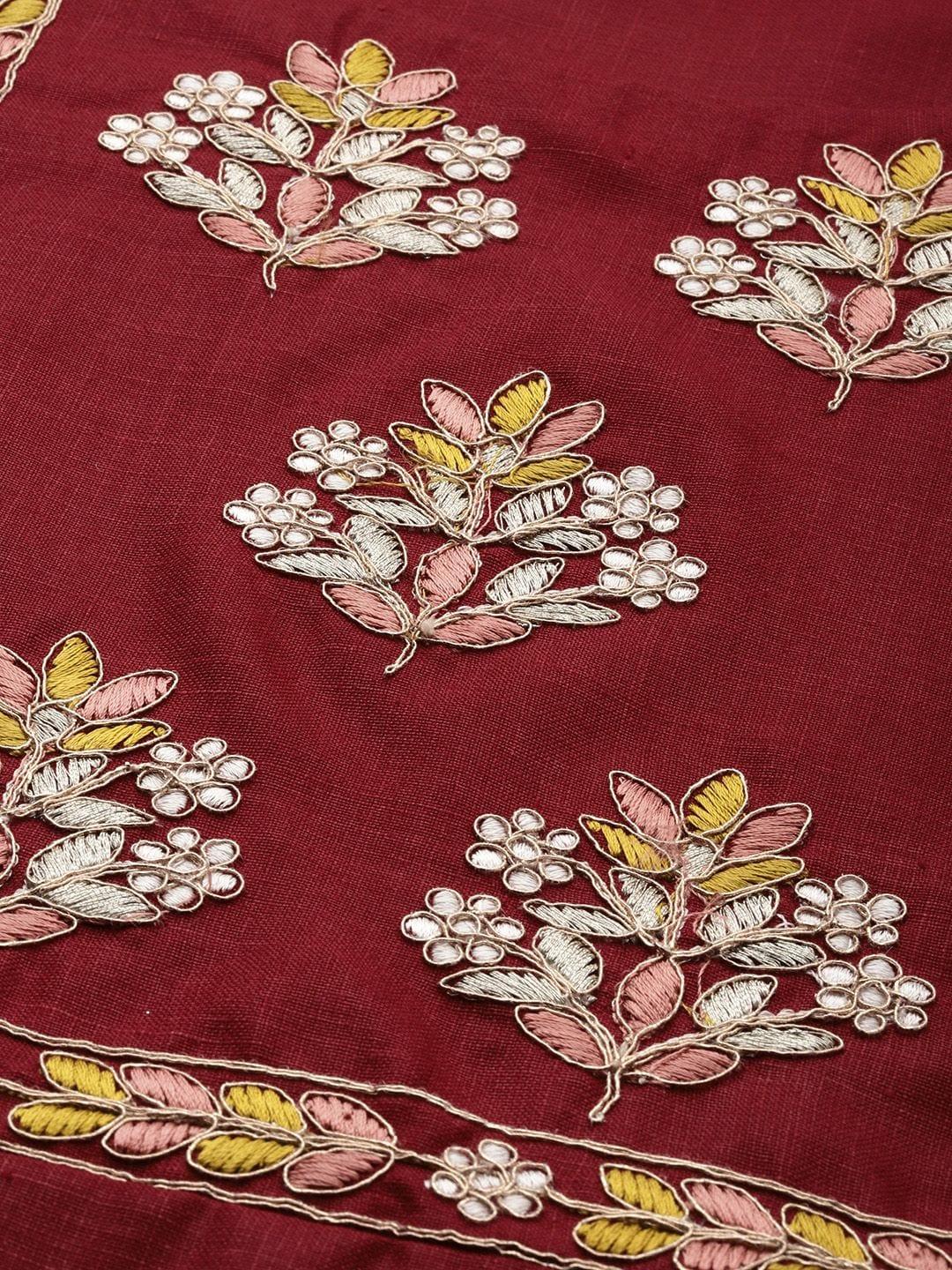 Women Maroon Embroidered A-Line Kurta With Waist Tie-Ups - Indiakreations