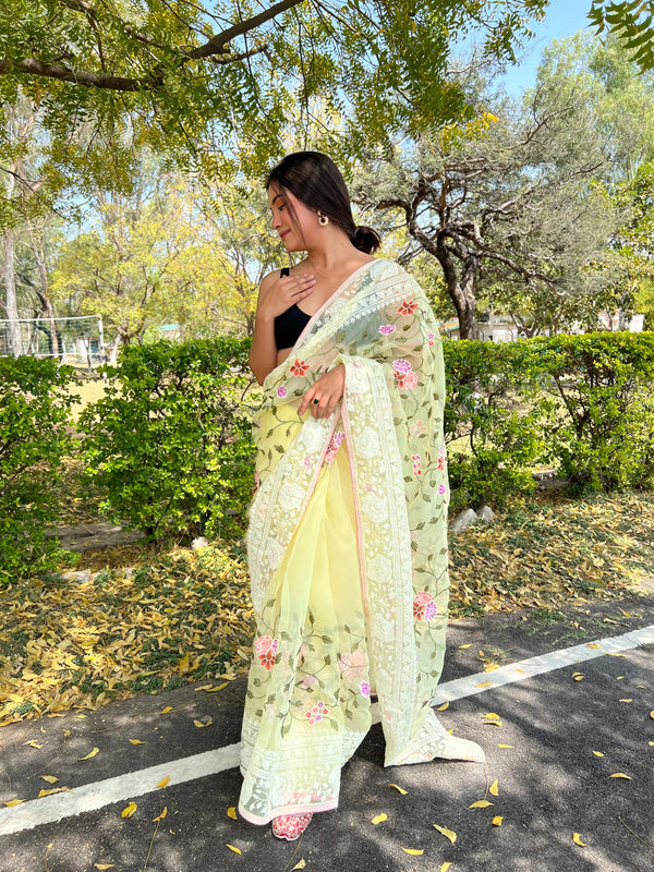 Women's Yellow Viscose Threadwork Saree - VAMSEE