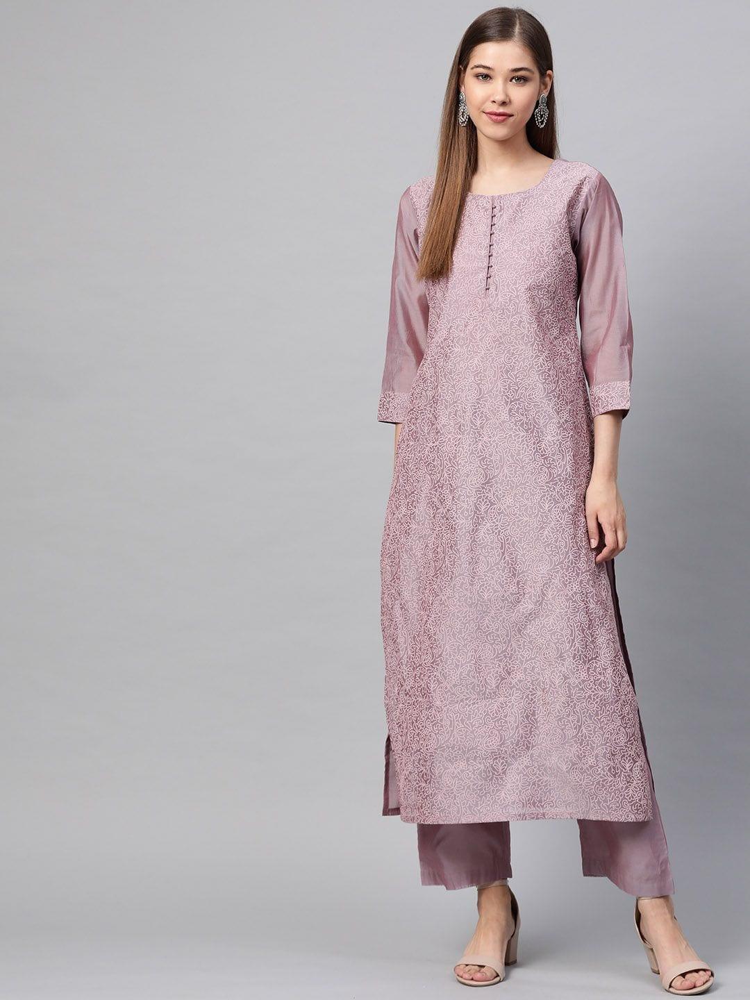 Women Mauve Printed Kurta With Trousers - Indiakreations