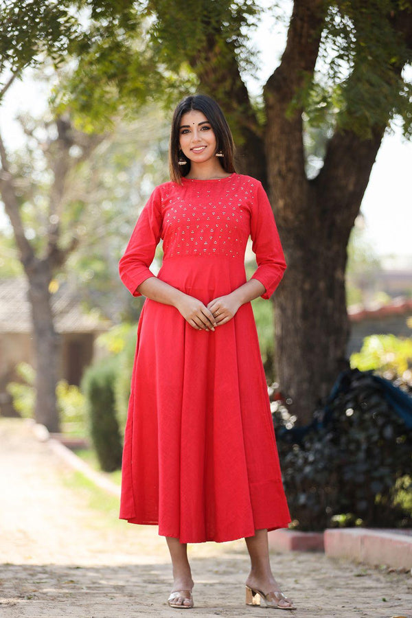 Women's Red Solid Sequin Anarkali Kurta - KAAJH - Indiakreations