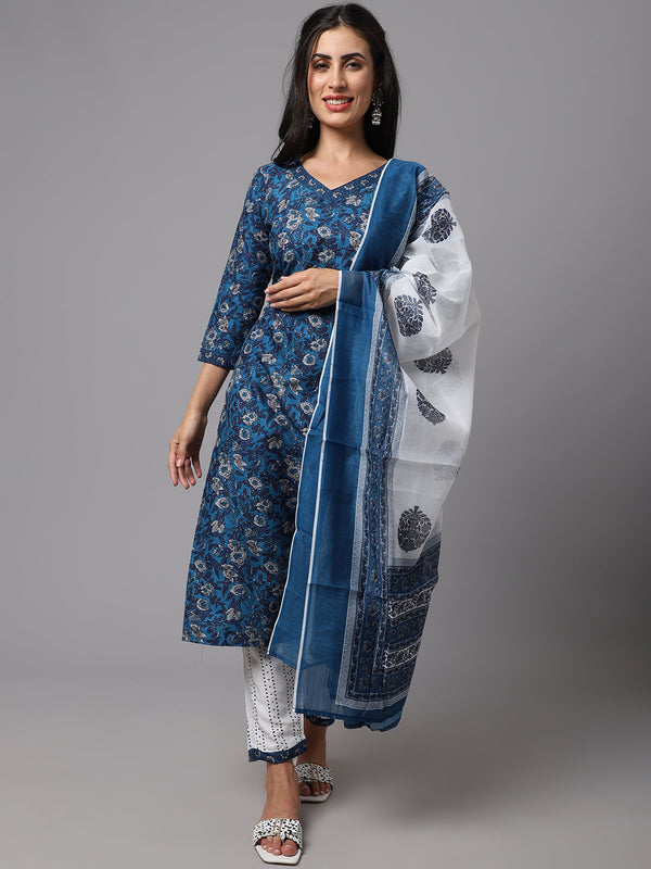 Women's Blue  Color  Printed Kurta and Pant Set with Dupatta  - AILISH