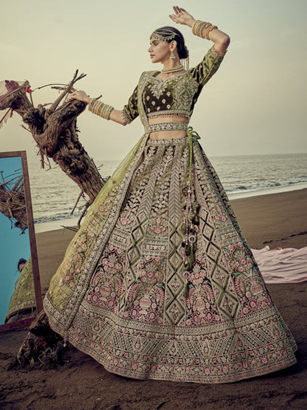 Mehendi Green Unstitched Lehenga Embellished In Applique Handwork