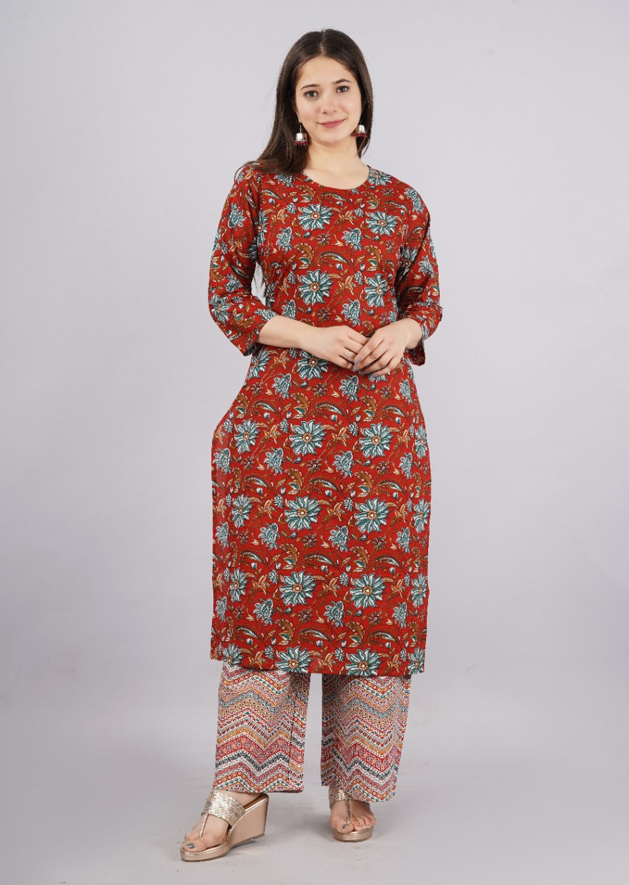 Women's Printed Cotton Red Party Wear/Casual Wear Kurta Set/Suit - Vamika