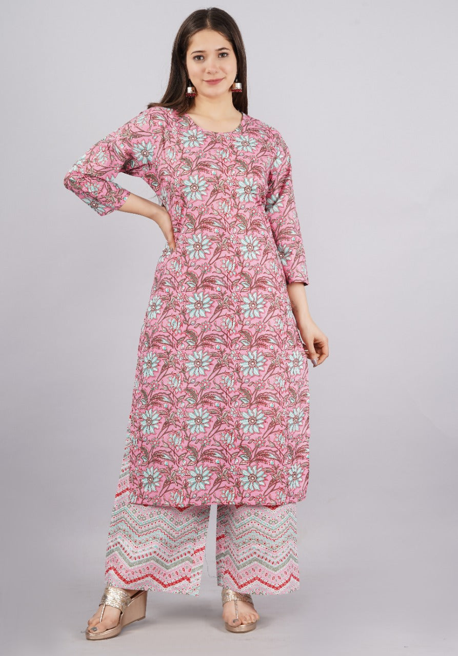 Women's Printed Cotton Pink Party Wear/Casual Wear Kurta Set/Suit - Vamika