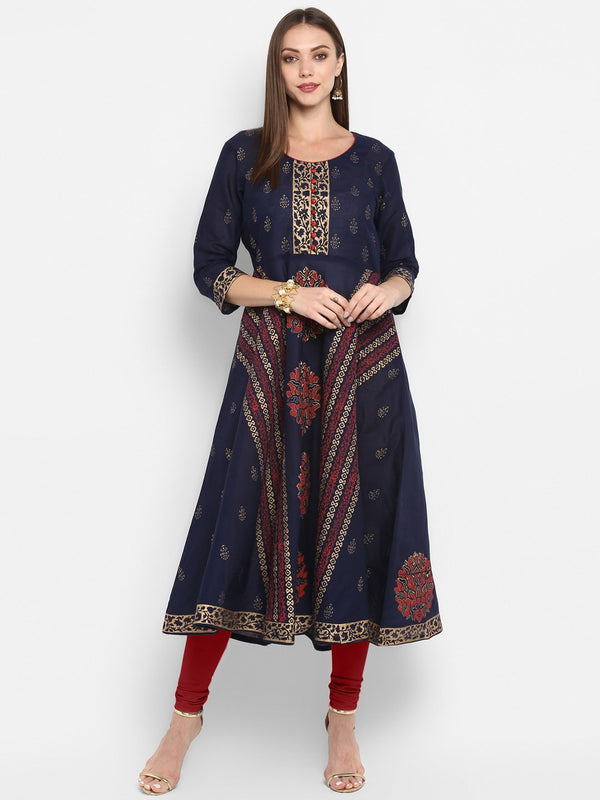 Women's Dark Blue Cotton Printed Anarkali Kurti With Block Print (1 Pc) - Noz2Toz