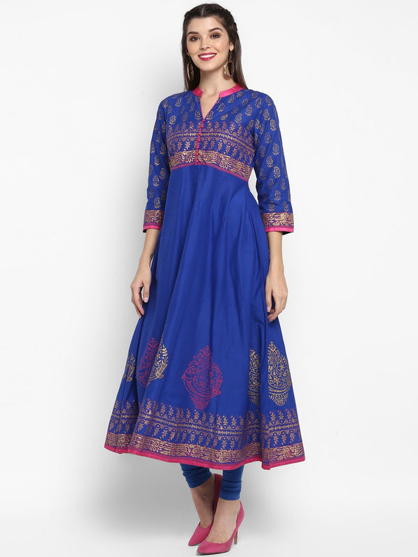 Women's Blue Cotton Printed Anarkali Kurti With Block Print (1 Pc) - Noz2Toz