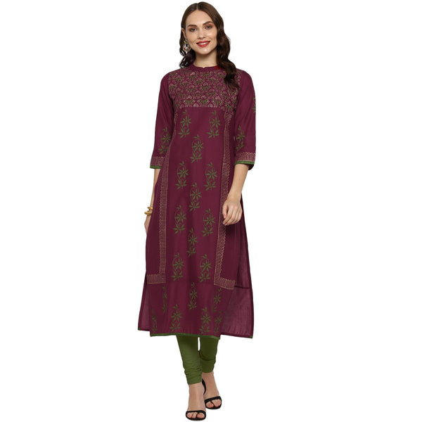 Women's Purple & Green Cotton Printed Straight Kurti With Block Print (1 Pc) - Noz2Toz