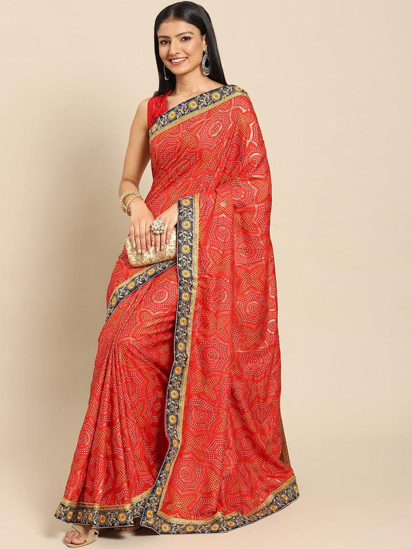 Latest Trendy Red Bandhani Printed Poly Silk saree With Blouse - Indiakreations