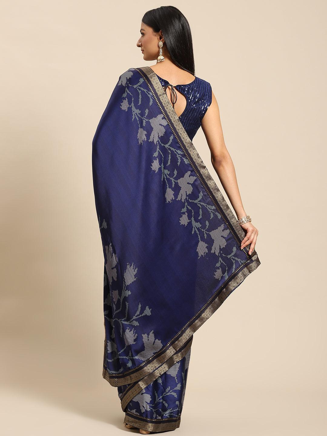Designer Blue Floral Printed Satin Saree With Blouse. - Indiakreations