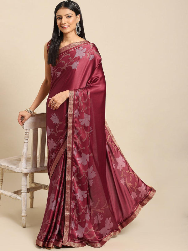 Latest Party Wear Maroon Floral Printed Satin Saree With Blouse. - Indiakreations