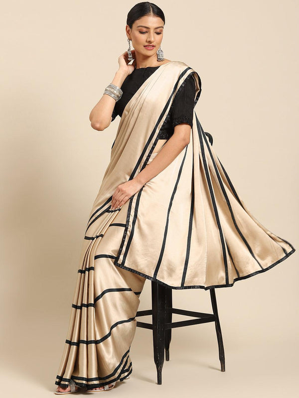 Beautiful Beige Striped Printed Satin Saree - Indiakreations