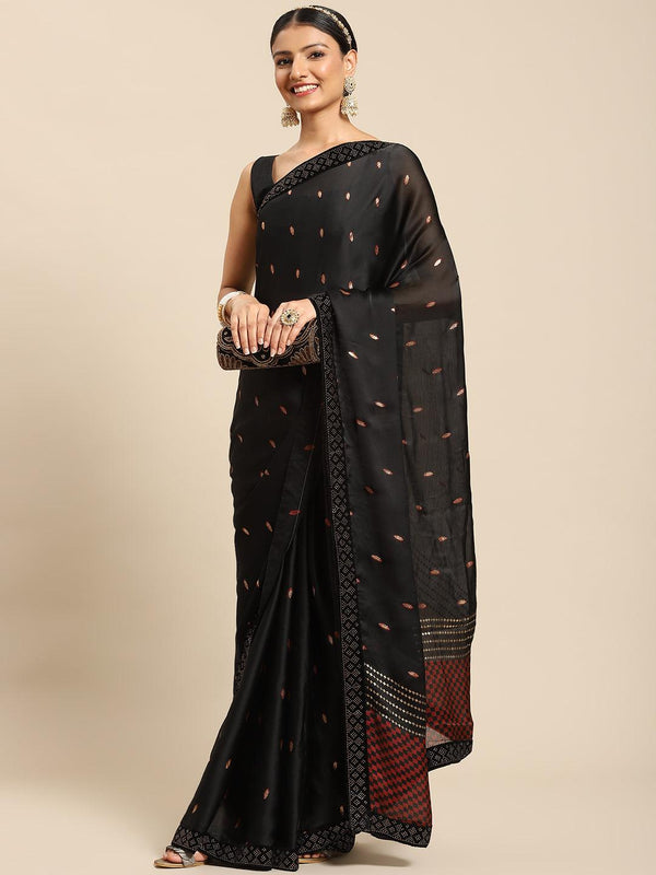 Beautiful Trendy Black Foil Print Poly Crepe Saree With Blouse - Indiakreations