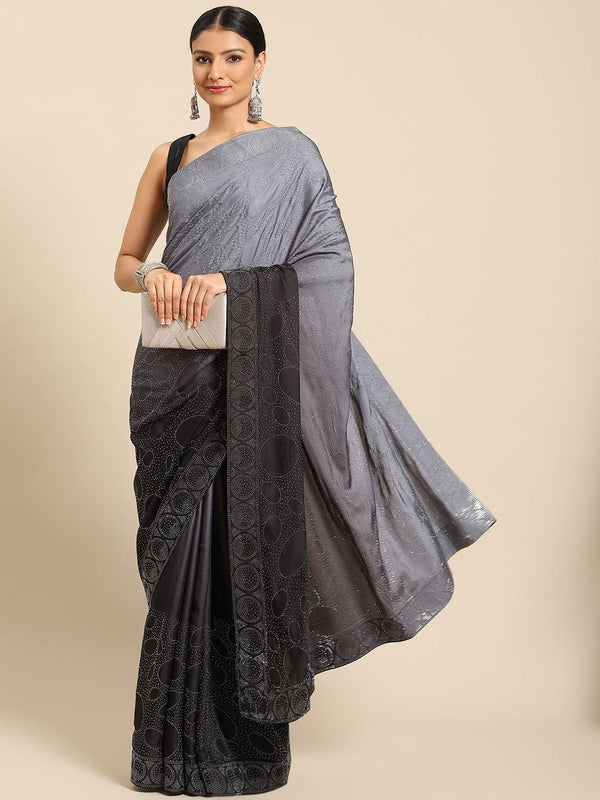 Latest Designer Grey Stone Work Satin Saree With Blouse - Indiakreations