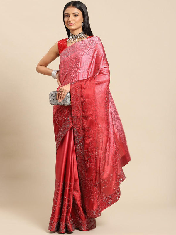 Stylish Pink Stone Work Satin Saree With Blouse - Indiakreations