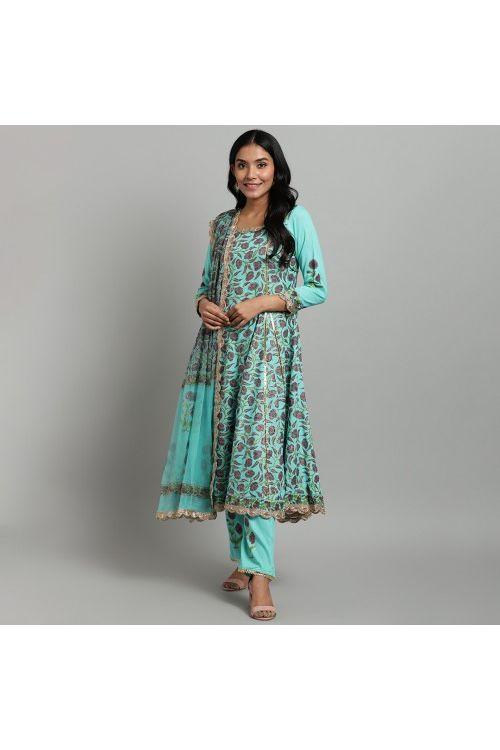 Turquoise Hand Block Anarkali Set - Indiakreations