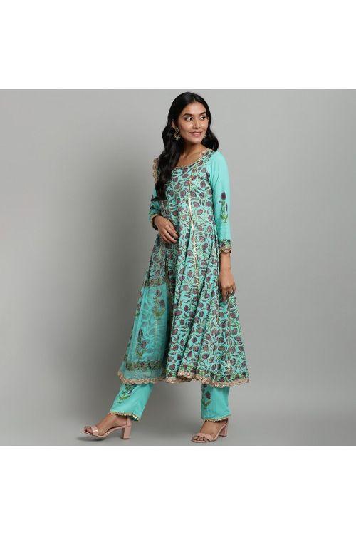 Turquoise Hand Block Anarkali Set - Indiakreations