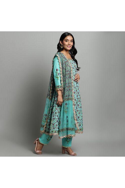 Turquoise Hand Block Anarkali Set - Indiakreations