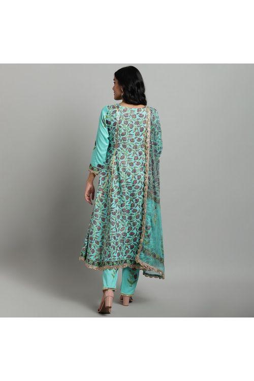 Turquoise Hand Block Anarkali Set - Indiakreations