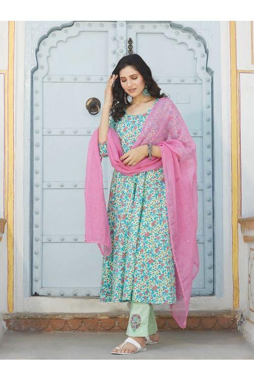 Light Green Pink Anarkali Set - Indiakreations