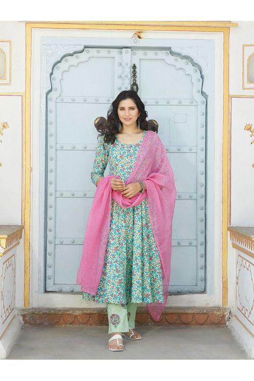 Light Green Pink Anarkali Set - Indiakreations