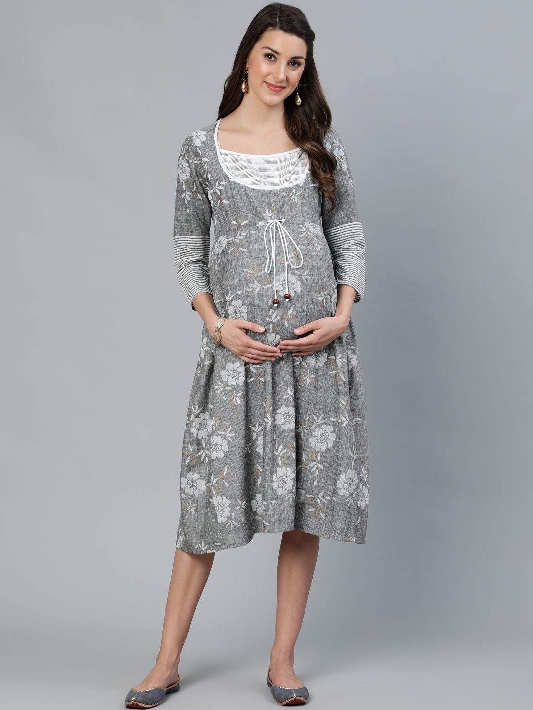 Women's Grey & White Floral Printed Maternity Dress - AKS