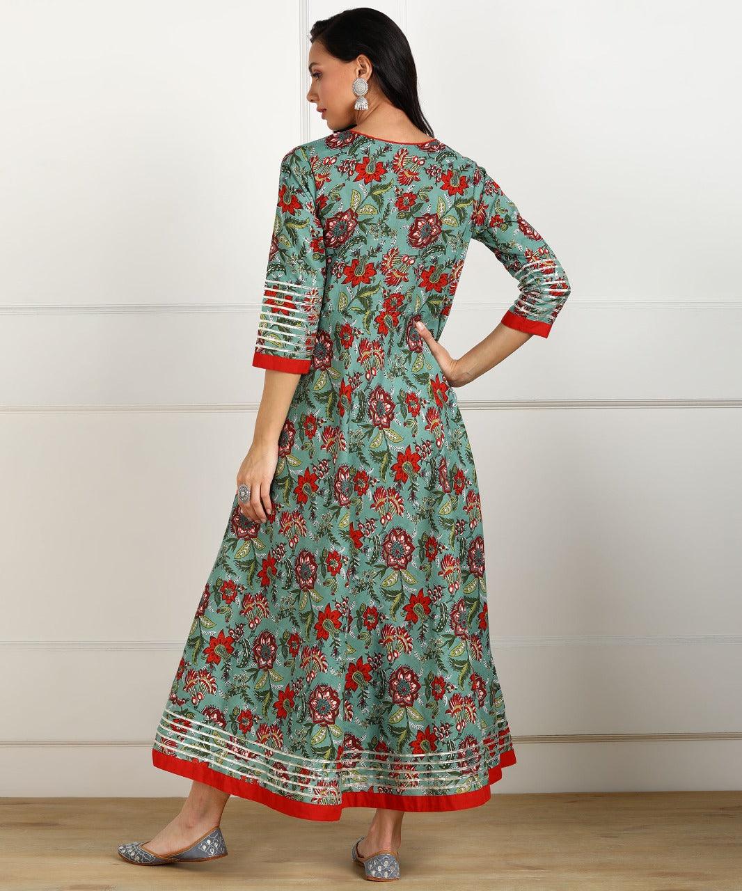 Women's Floral Print Cotton Poly Silk Stitched Anarkali Gown (Green) 1Pc - Noz2Toz - Indiakreations