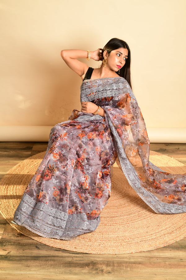 Women's  Grey Digital Printed Saree - VAMSEE