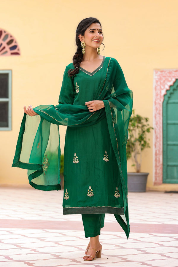 Women's Pavitra Embroidered Silk Green Suit Set-Gillori