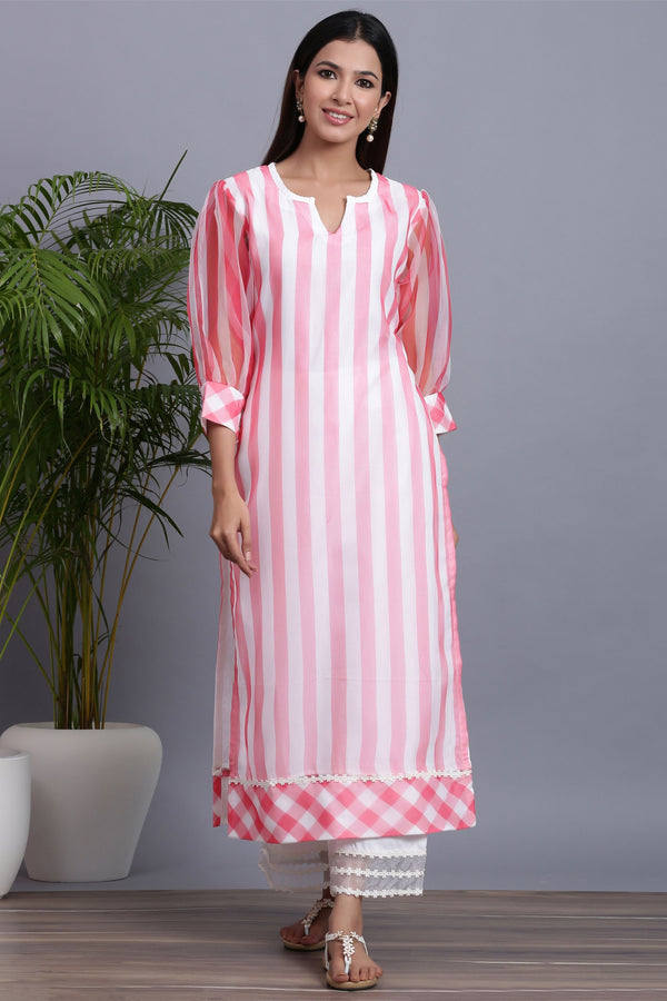 Women's  Organza Striped Kurta Palazzo Set - Gillori