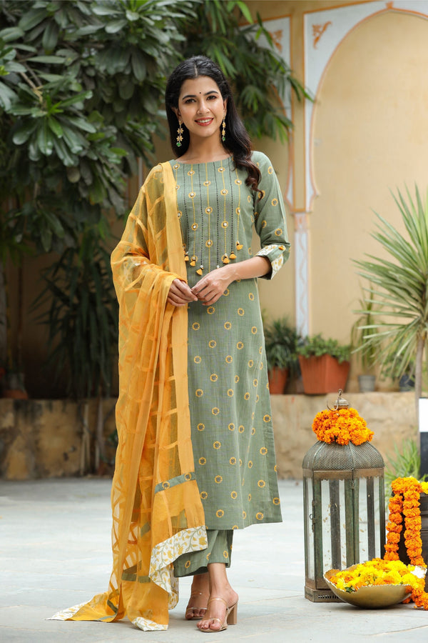 Women's Marigold Cotton Suit Set with Dupatta-Gillori