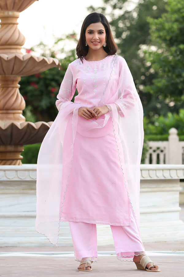 Women's Moonstone Pink Pure Chanderi Suit Set-Gillori