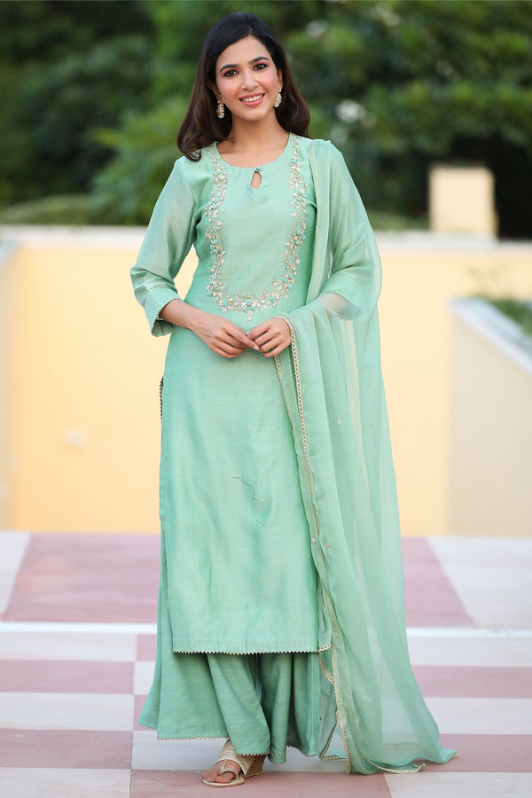 Women's Iced Mint Handwork Pure Chanderi Suit Set-Gillori