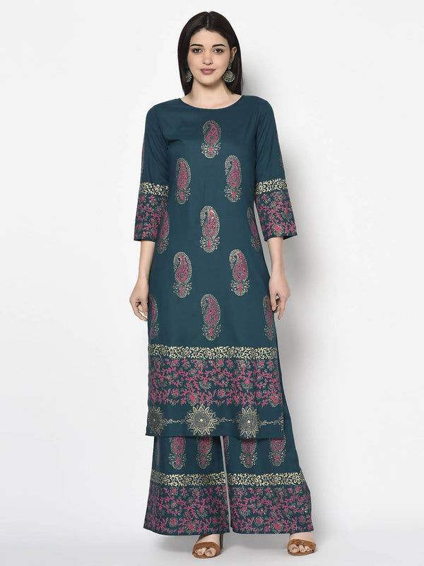 Women's Teal Blue Rayon Block print straight kurta - Aniyah