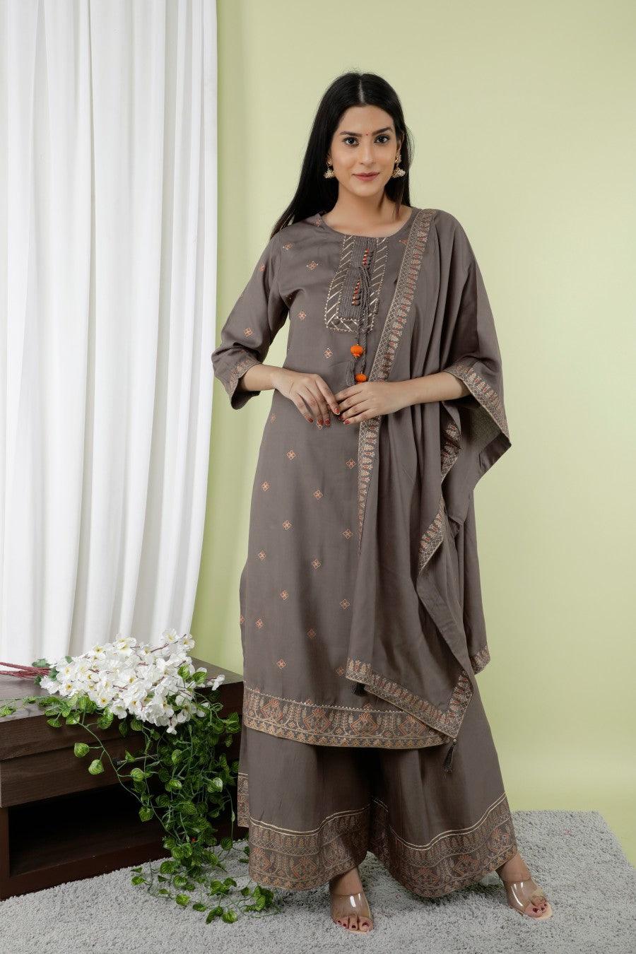 Women's Ethnic Kurta With Divider And Dupatta-Noz2Toz - Indiakreations