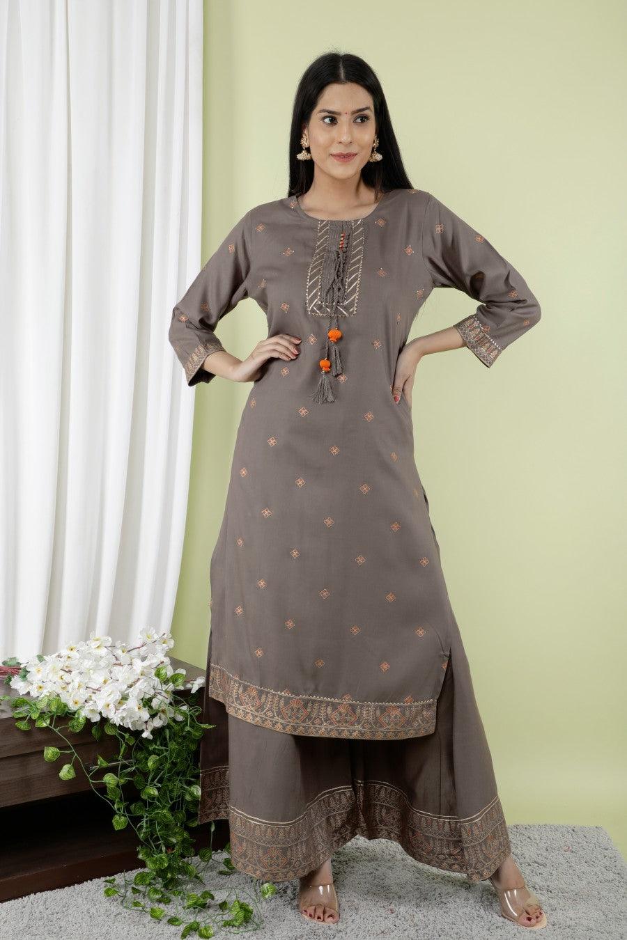 Women's Ethnic Kurta With Divider And Dupatta-Noz2Toz - Indiakreations