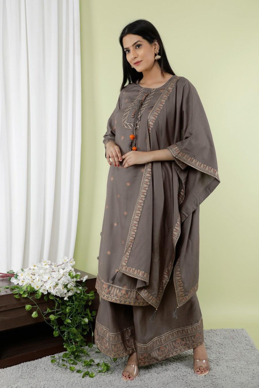 Women's Ethnic Kurta With Divider And Dupatta-Noz2Toz - Indiakreations