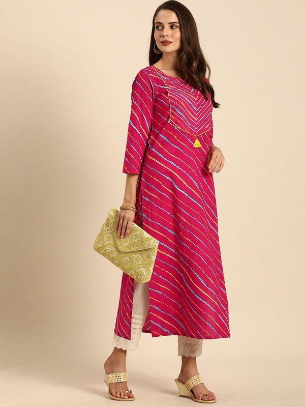 Fuchsia Pink & Yellow Leheriya Printed Kurta - Indiakreations