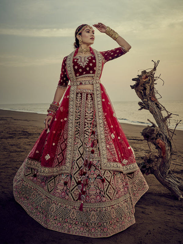 Gorgeous Maroon Unstitched Lehenga Embellished In Applique Handwork