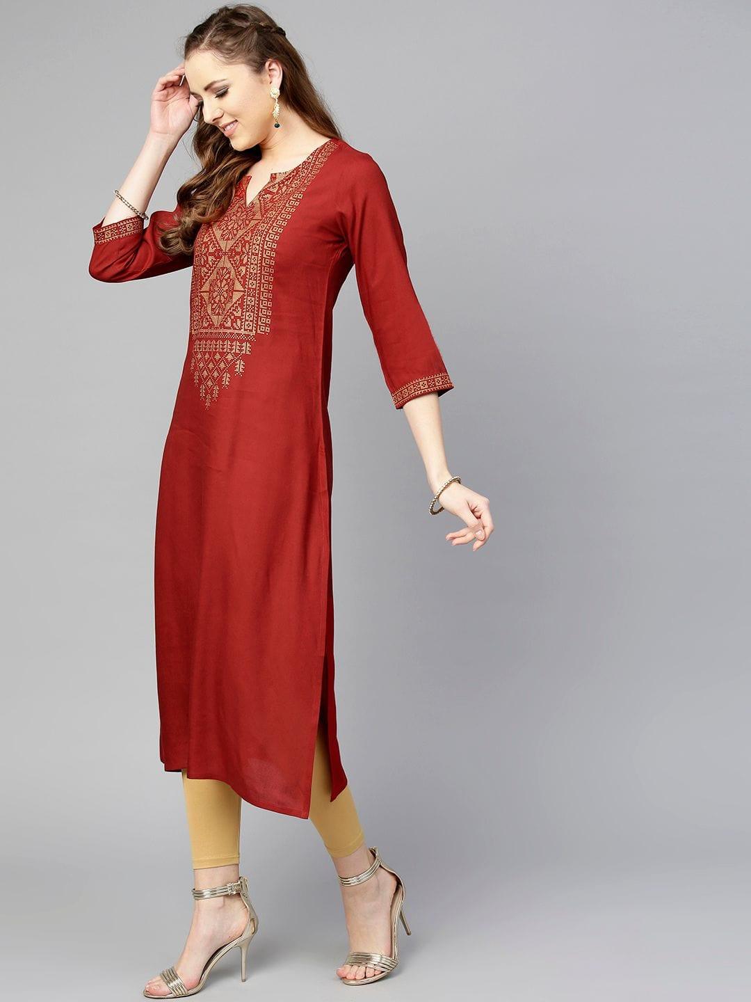 Women Maroon Foil Print Yoke Design Straight Kurta - Indiakreations