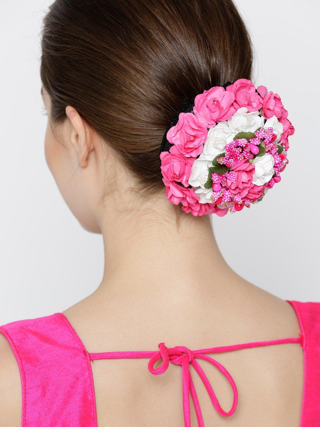 Women's Artificial Pink And White Rose Flower Handcrafted Bun Maker Hair Accessories - Priyaasi - Indiakreations