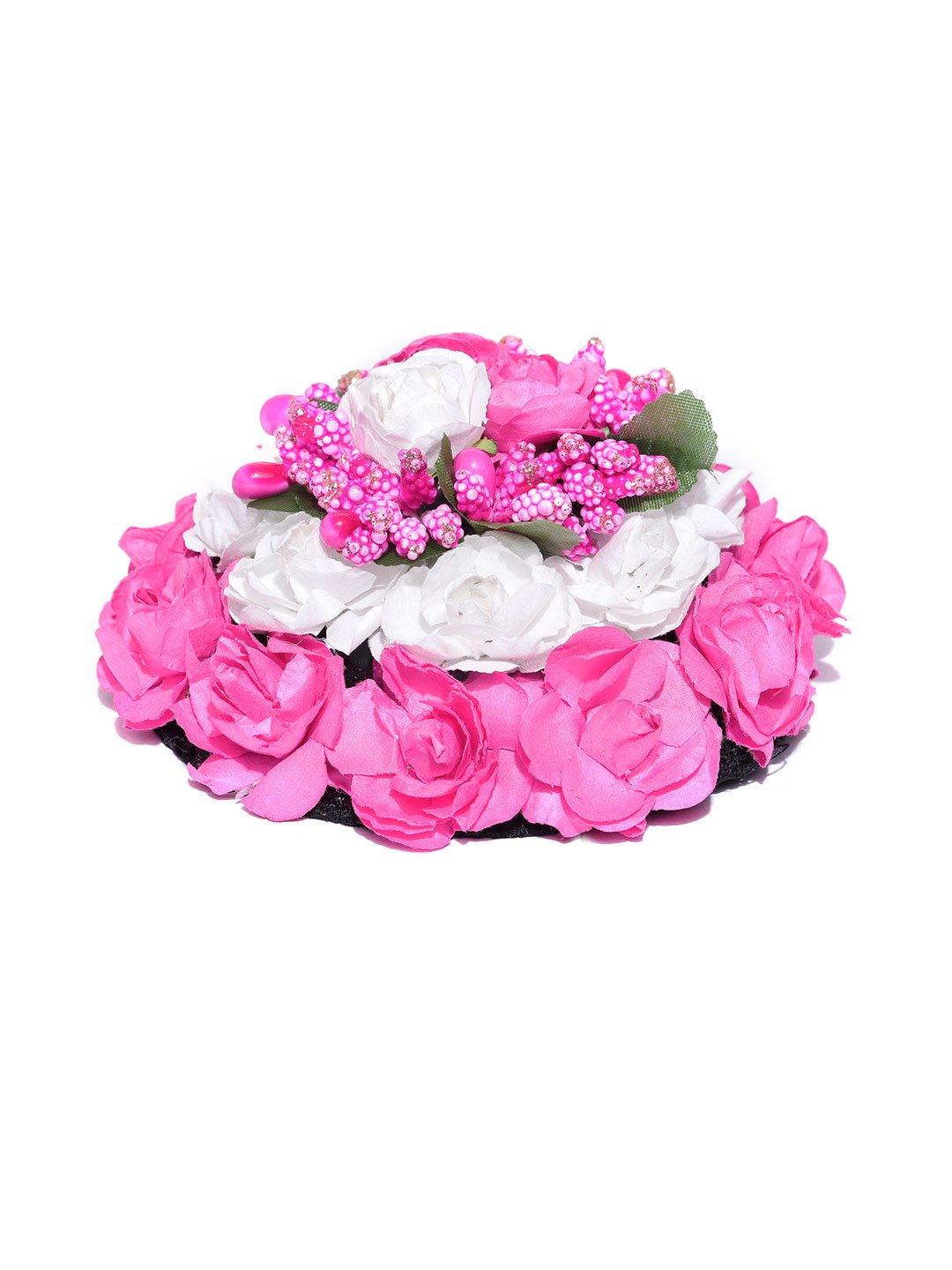 Women's Artificial Pink And White Rose Flower Handcrafted Bun Maker Hair Accessories - Priyaasi - Indiakreations
