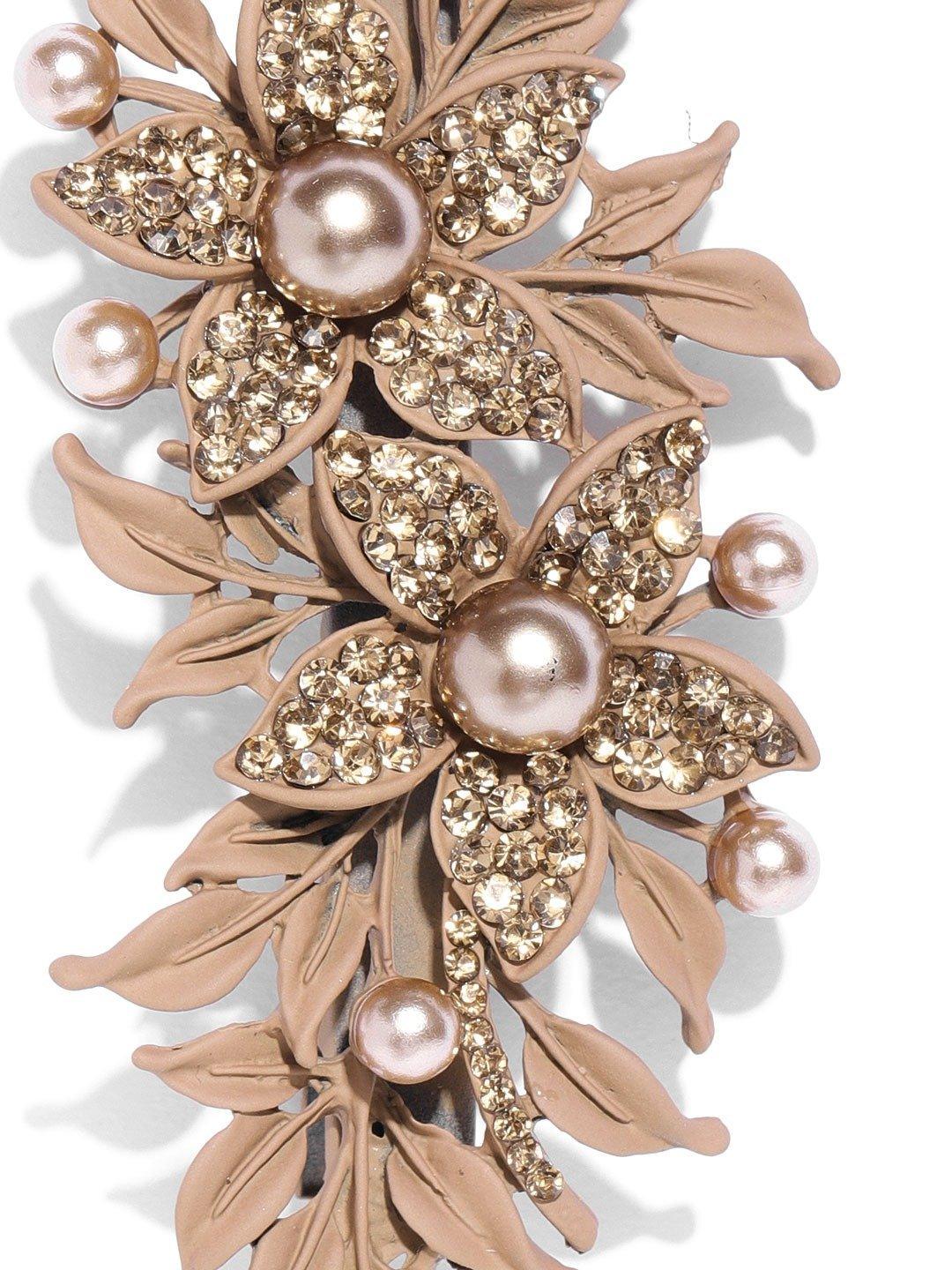 Women's Matte Finish Stones And Pearls Studded Floral Brown Hair Clip - Priyaasi - Indiakreations