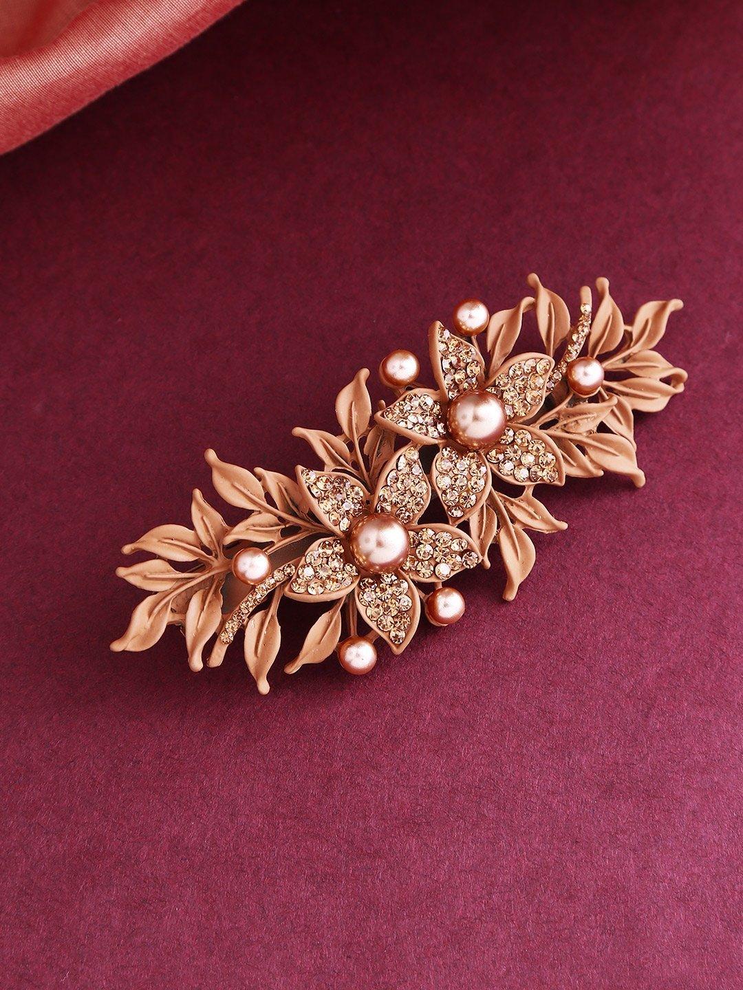 Women's Matte Finish Stones And Pearls Studded Floral Brown Hair Clip - Priyaasi - Indiakreations